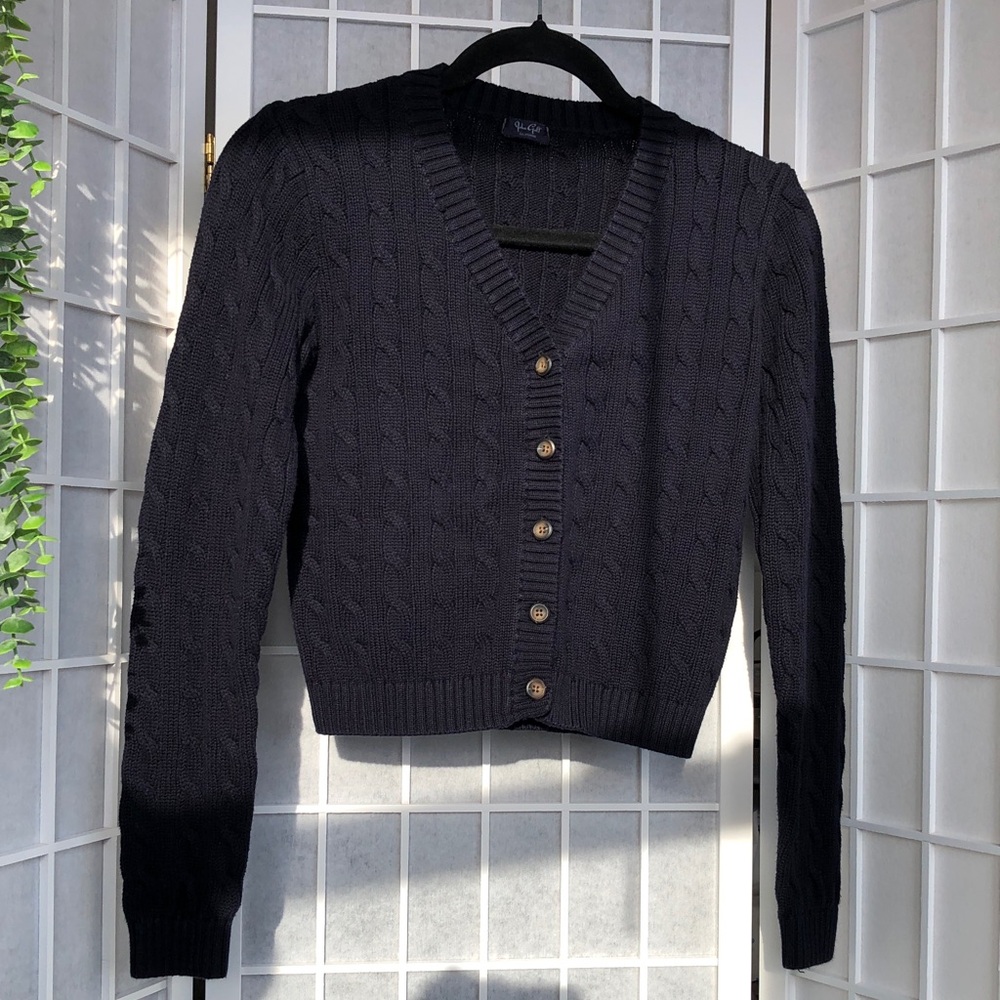 John Halt Navy Blue Cable Knit V-Neck Button Sweater, Small. - Picture 2 of 10